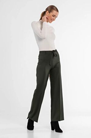 Kuşaklı Bol Paça Haki Kadın Pantolon