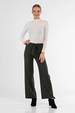 Kuşaklı Bol Paça Haki Kadın Pantolon