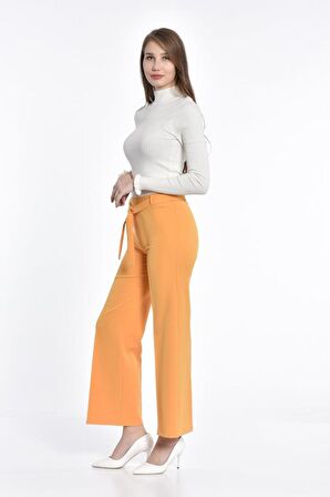 Kuşaklı Bol Paça Hardal Kadın Pantolon