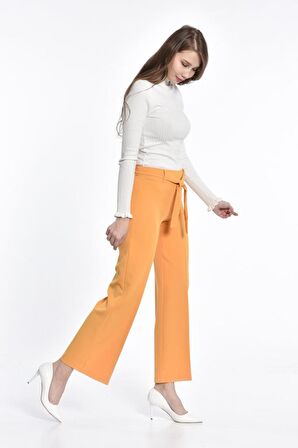 Kuşaklı Bol Paça Hardal Kadın Pantolon