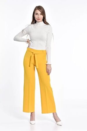 Kuşaklı Bol Paça Sarı Kadın Pantolon