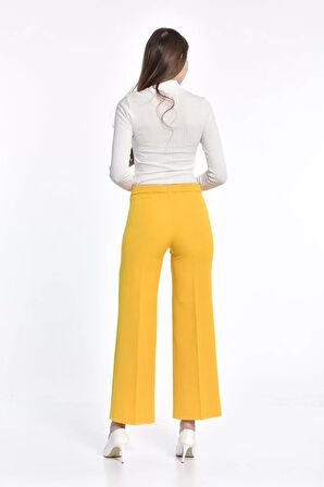 Kuşaklı Bol Paça Sarı Kadın Pantolon