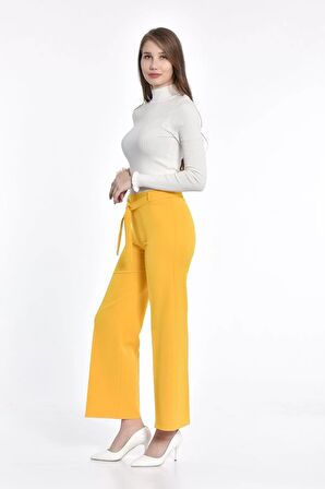 Kuşaklı Bol Paça Sarı Kadın Pantolon