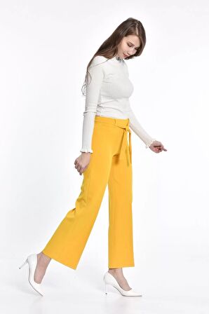 Kuşaklı Bol Paça Sarı Kadın Pantolon