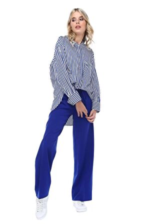 Kuşaklı Bol Paça Saks Mavi Kadın Pantolon