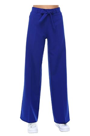 Kuşaklı Bol Paça Saks Mavi Kadın Pantolon