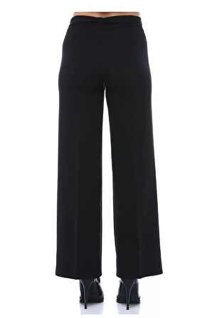 Kuşaklı Bol Paça Siyah Kadın Pantolon