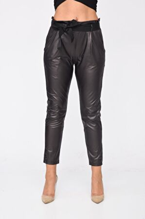 Kuşaklı ve Belden Lastikli Mor Kadın Deri Pantolon