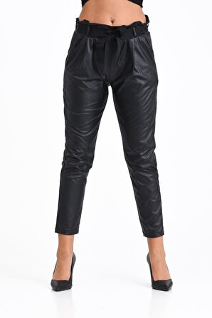 Kuşaklı ve Belden Lastikli Siyah Kadın Deri Pantolon