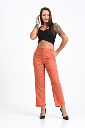 Kemerli ve Cepli Somon Boru Paça Viskon Kadın Pantolon