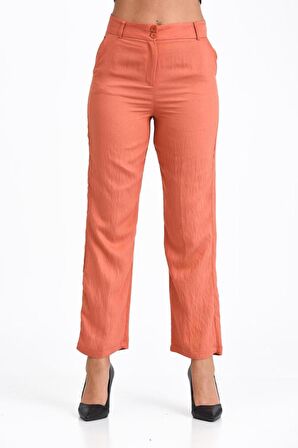 Kemerli ve Cepli Somon Boru Paça Viskon Kadın Pantolon