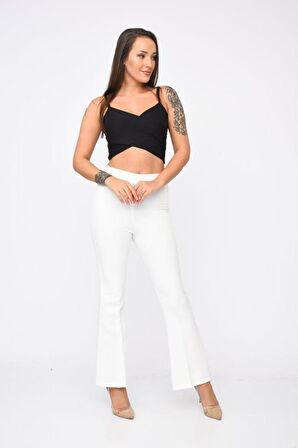 Belden Lastikli İspanyol Paça Beyaz Kadın Pantolon