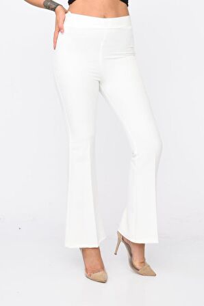 Belden Lastikli İspanyol Paça Beyaz Kadın Pantolon