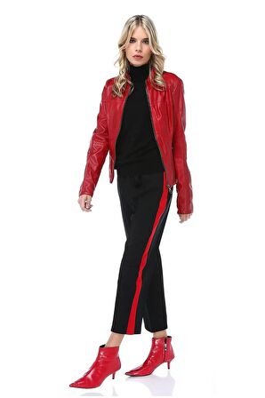 Kırmızı Şeritli Siyah Bilek Kadın Pantolon