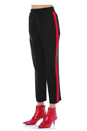 Kırmızı Şeritli Siyah Bilek Kadın Pantolon