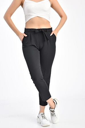 Kuşaklı Siyah Bilek Kadın Pantolon