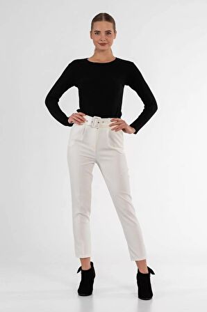 Kemerli Beyaz Bilek Kadın Pantolon