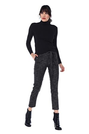 Kuşaklı Kırçıllı Siyah Bilek Kadın Pantolon