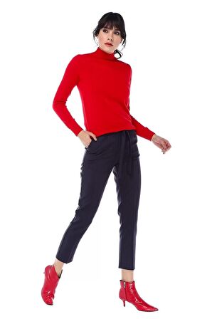 Kuşaklı Bordo Çizgili Füme Bilek Kadın Pantolon