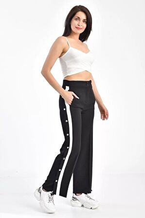 Beyaz Şeritli ve Çıtçıtlı Siyah Salaş Kadın Pantolon