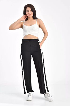 Beyaz Şeritli ve Çıtçıtlı Siyah Salaş Kadın Pantolon