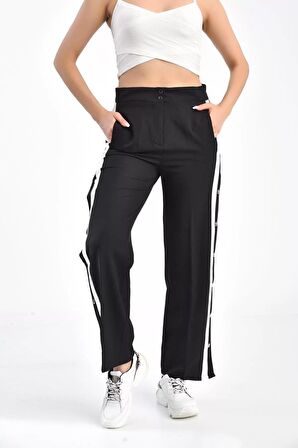 Beyaz Şeritli ve Çıtçıtlı Siyah Salaş Kadın Pantolon