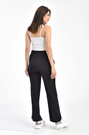 Beyaz Şeritli ve Çıtçıtlı Siyah Salaş Kadın Pantolon