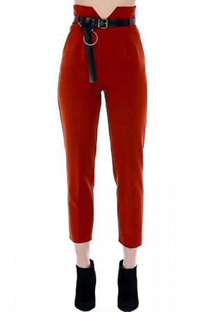Yüksek Bel Deri Kemerli Kiremit Bilek Kadın Pantolon