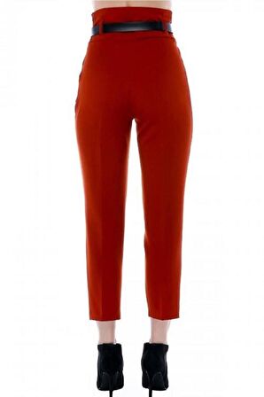 Yüksek Bel Deri Kemerli Kiremit Bilek Kadın Pantolon