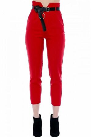 Yüksek Bel Deri Kemerli Kırmızı Bilek Kadın Pantolon