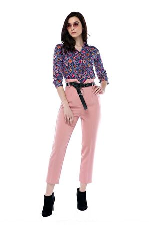 Yüksek Bel Deri Kemerli Pudra Bilek Kadın Pantolon