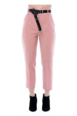 Yüksek Bel Deri Kemerli Pudra Bilek Kadın Pantolon