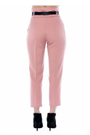 Yüksek Bel Deri Kemerli Pudra Bilek Kadın Pantolon