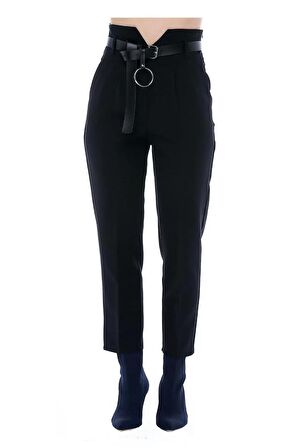 Yüksek Bel Deri Kemerli Siyah Bilek Kadın Pantolon
