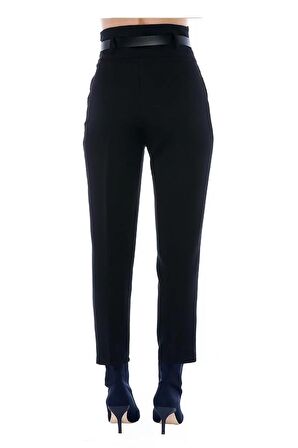 Yüksek Bel Deri Kemerli Siyah Bilek Kadın Pantolon