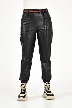 Önden Cepli ve Kemerli Paça Lastikli Siyah Kadın Deri Pantolon