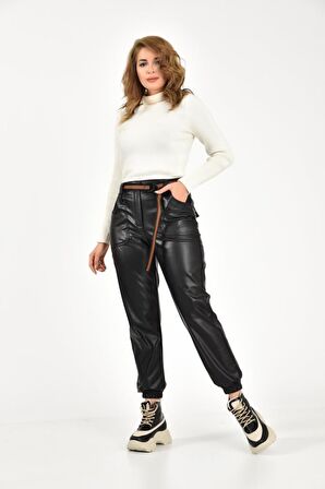 Önden Cepli ve Kemerli Paça Lastikli Siyah Kadın Deri Pantolon