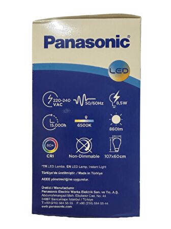 Panasonic 8.5W (60W) 6500K (Beyaz Işık) E27 Duylu Led Ampul