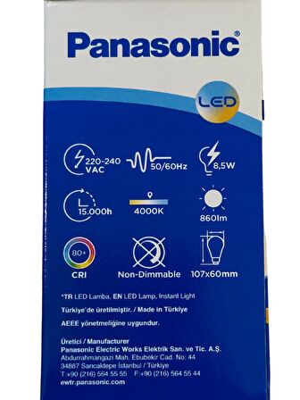 Panasonic 8,5W (63W) 4000K (Günışığı) E27 Duylu Led Ampul