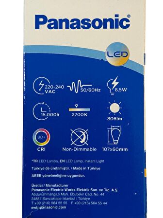 Panasonic 8,5W (60W) 2700K (Sarı Işık) E27 Duylu Led Ampul (10 Adet)