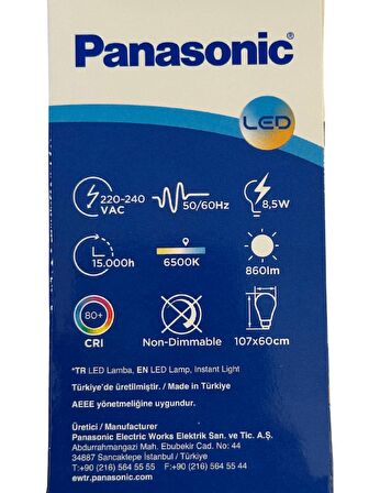 Panasonic 8,5W (60W) 6500K (Beyaz Işık) E27 Duylu Led Ampul