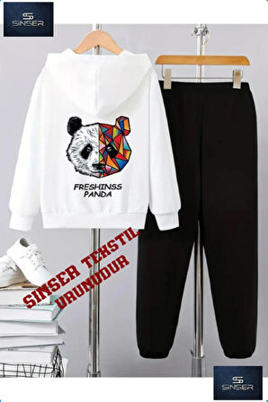 Kapşonlu Çocuk “PANDA FRESH SIRTBASKI” Baskısız Eşofman Takımı