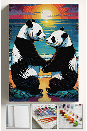 Sayılarla Boyama Çerçeveli Hobi Seti Numaralı Tuval Fırça Boya Dahil Kasnaklı 40X50 Cm PANDALAR