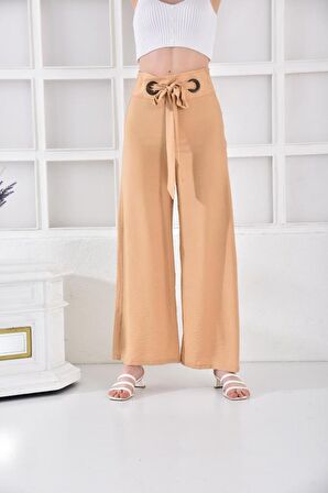Halkalı Bol Paça Bağcıklı Camel Keten Kadın Pantolon