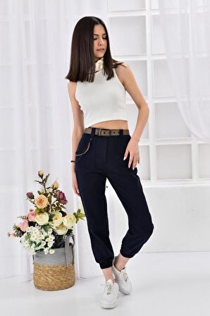 Kemerli ve Önden Cepli Paça Lastikli Lacivert Kadın Kargo Pantolon