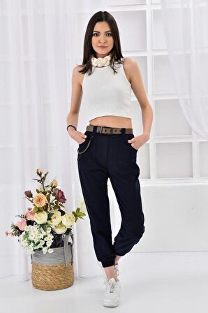 Kemerli ve Önden Cepli Paça Lastikli Lacivert Kadın Kargo Pantolon