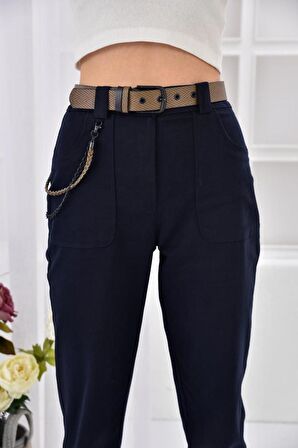Kemerli ve Önden Cepli Paça Lastikli Lacivert Kadın Kargo Pantolon