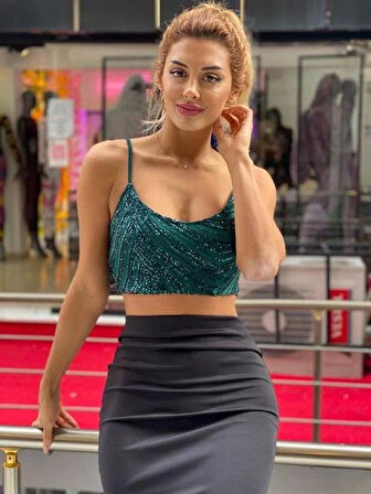 Yeşil Payetlı Kumaş Büstiyer (Etek Dahil Değil)