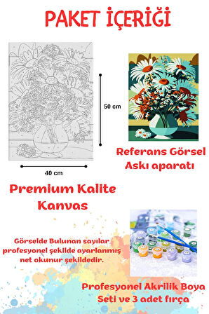 Sayılarla Boyama Çerçeveli Hobi Seti Numaralı Tuval PAPATYA Fırça Boya  Dahil Kasnaklı 40X50 Cm