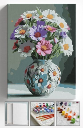 Sayılarla Boyama Seti Numaralı Tuval Fırça Boya Askı Aparatı Dahil Set 40x50 Cm - PAPATYA DESENLİ VAZO